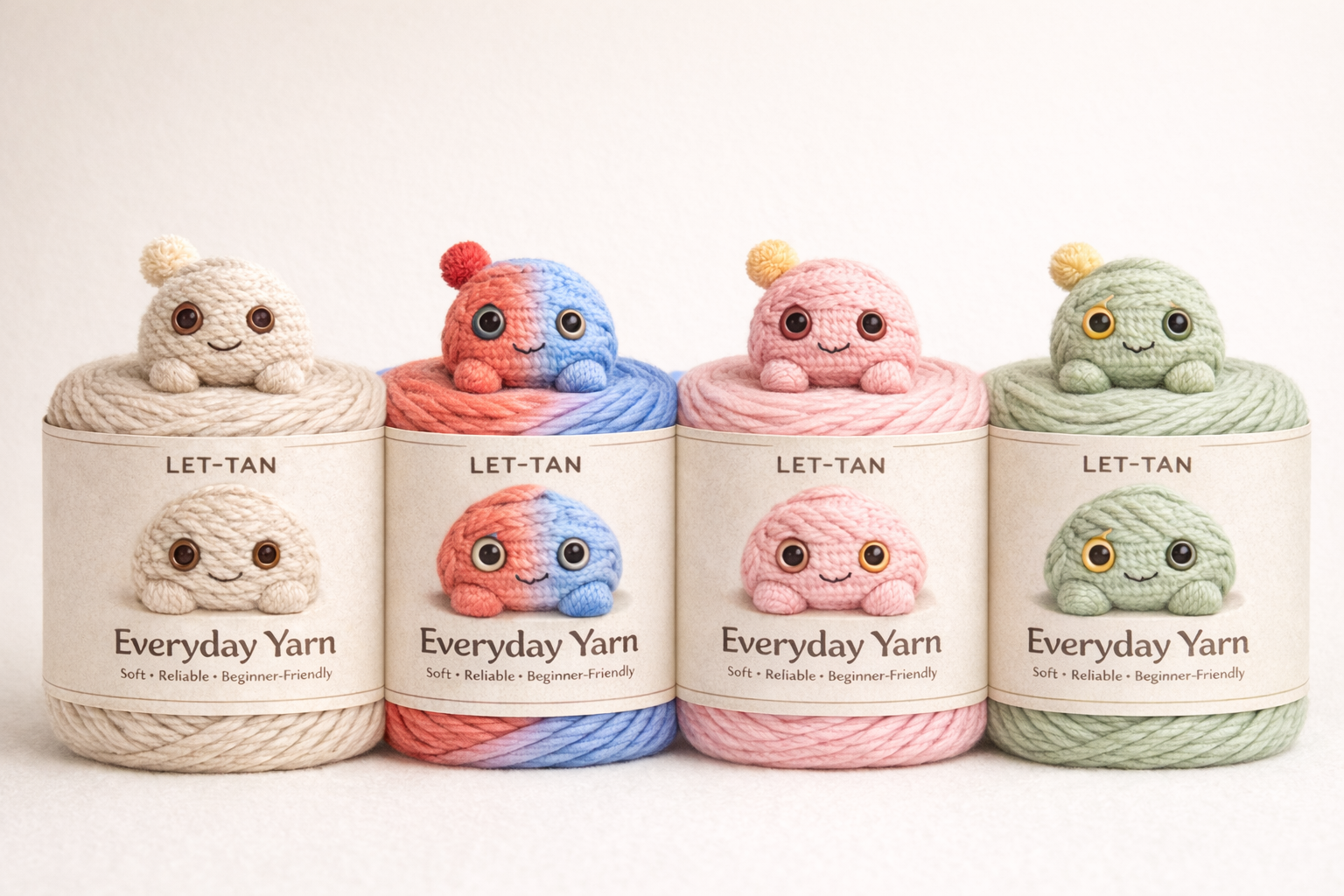 Let-Tan yarn mascot sitting on cotton yarn