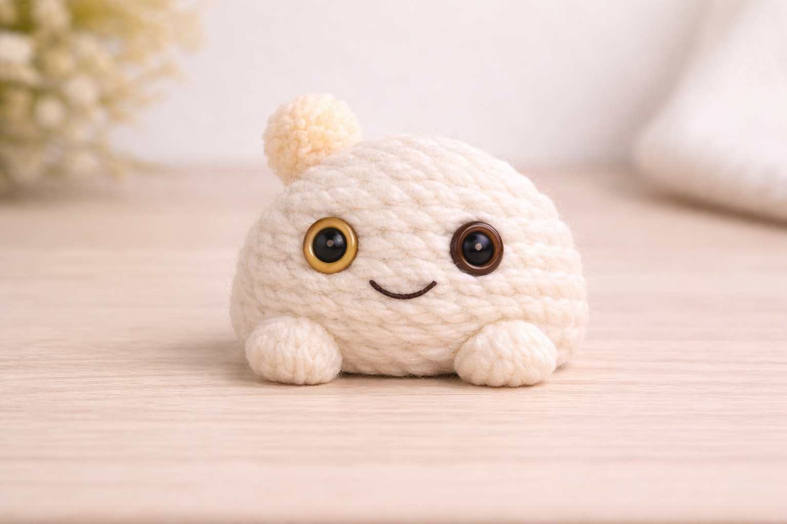 Let-Tan - a small cream-colored yarn creature with mismatched button eyes and a gentle smile